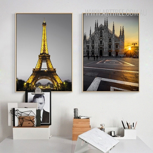 Yellow Light Paris Eiffel Tower Milan Cathedral Church Vintage Poster Prints