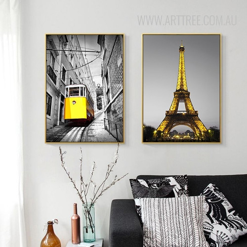 Yellow Tram Paris Eiffel Tower Vintage Poster Prints