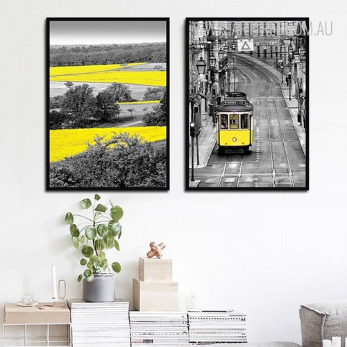 Yellow Tram Landscape Vintage Poster Prints