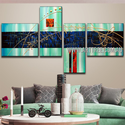 Blue Heavy Textured Abstract Handmade 4 Piece Split Oil Paintings For Room Décor