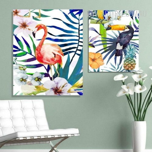 Colorful Leaves Flowers Flamingo Toucan Bird Art