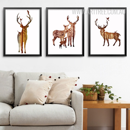 Nordic Abstract Brown Deer Family Animals Design Scandinavian Art