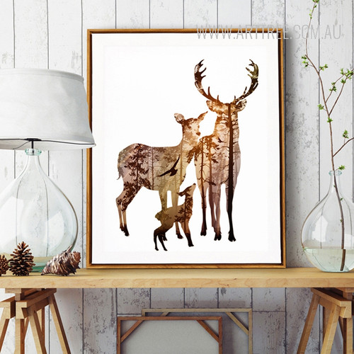 Nordic Brown Deer Animals in Forest Digital Painting Scandinavian Art