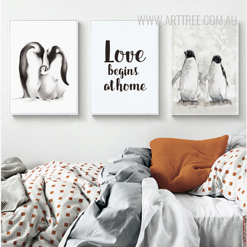 Black and White Penguin Family Love Begins at Home Quote Art