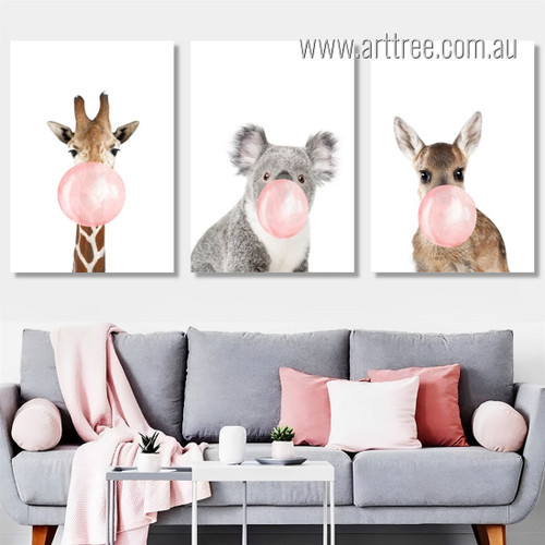 Lovely Giraffe Koala Kangaroo Animals Blowing Bubbles Nordic Painting Picture Framed Stretched 3 Piece Canvas Wall Art Prints For Room Assortment