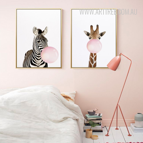 Lovely Giraffe Zebra Animals Blowing Bubbles 2 Piece Canvas Prints