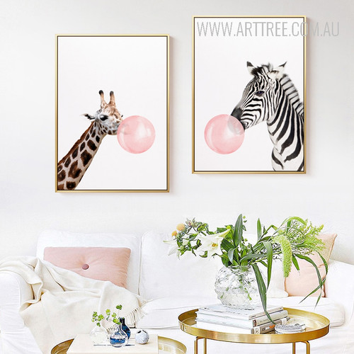 Long Giraffe Zebra Animals Blowing Bubbles 2 Piece Canvas Prints