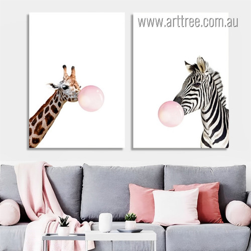 Long Giraffe Zebra Animals Blowing Bubbles Nordic Artwork Image Stretched Framed 2 Piece Wall Decor Set Canvas Prints For Room Décor