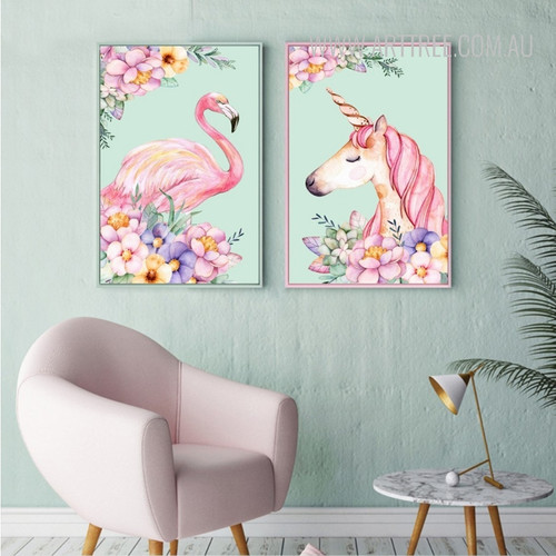 Lovely Pink Flamingo Bird Unicorn Animal Flowers Design Canvas Wall Art