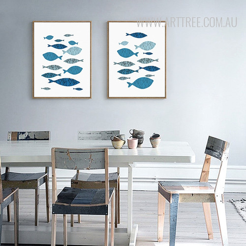 Minimalist Blue Fishes Shoal Nordic Canvas Prints