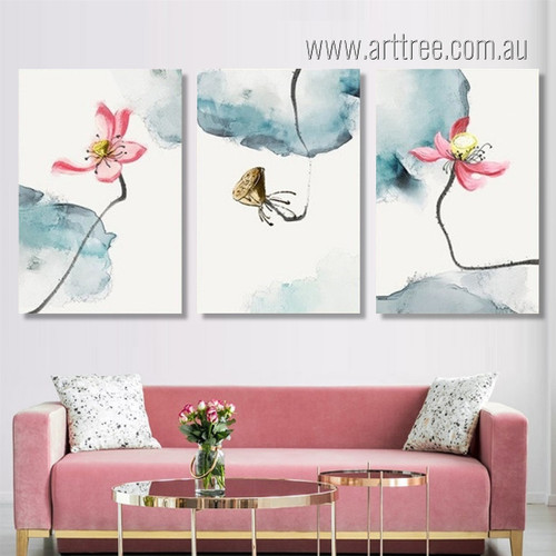 Chinese Lotus Floral Abstract Watercolor Artwork Photo Framed Stretched 3 Piece Canvas Wall Art Prints For Room Equipment