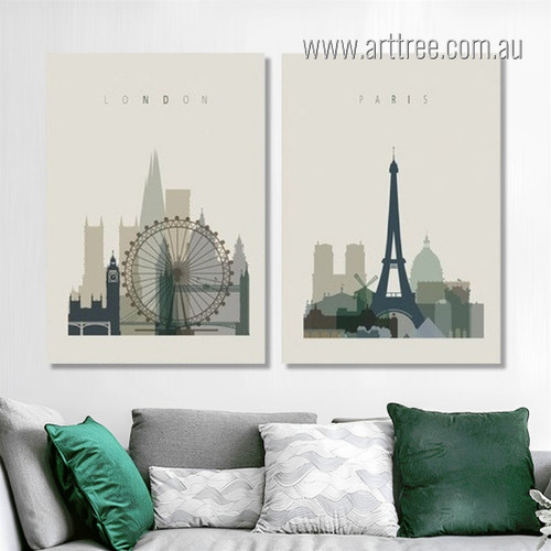 Paris London Cityscape Painting Photo Stretched Framed 2 Piece Abstract Wall Art Canvas Prints For Room Decor