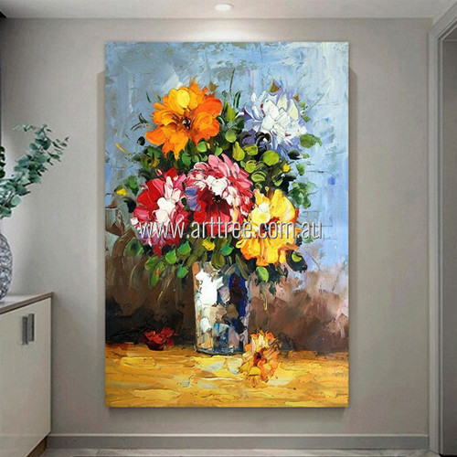 Bouquet Floral Hand Painted Modern Heavy Texture Palette Knife Art Artist Handmade Stretched Canvas Oil Painting For Restaurant Wall Art Decor