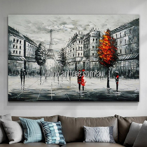 Eiffel Tower Art Abstract Modern Cityscape Framed Stretched Heavy Texture Artist Handmade Canvas Painting For Living Room Wall Decor