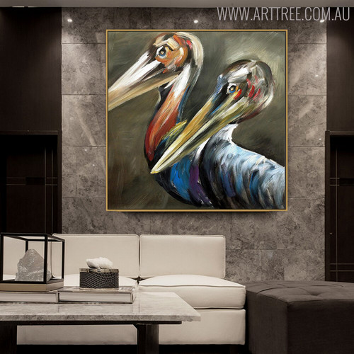 Two Pelican Birds Animal Modern Handmade Oil Vignette on Canvas for Wall Decoration
