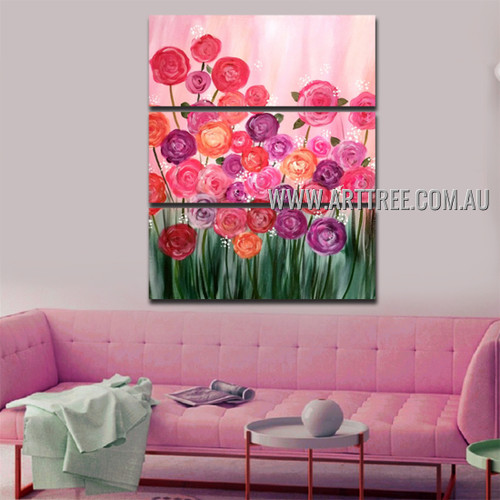 Hued Flowers Botanical Handmade 3 Piece Multi Panel Canvas Painting Wall Art Set Painting For Room Onlay