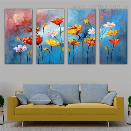 Coloured Blooms Floral Knife Impressionistic Framed Handmade 4 Piece Multi Panel Wall Painting Art Set for Room Garnish