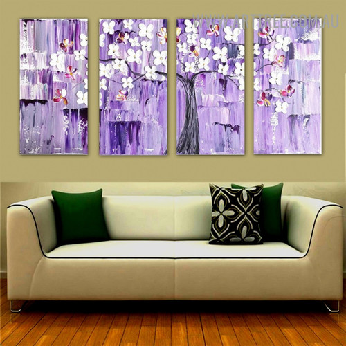 Floret Boughs Botanical Palette Knife Handmade 4 Piece Split Canvas Painting Wall Art Set for Room Wall Decor