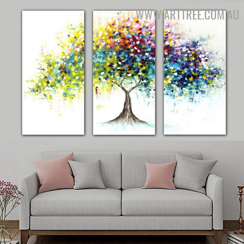 Multicoloured Leafage Tree Abstract Contemporary Handmade 3 Piece Split Canvas Art Set for Room Wall Flourish