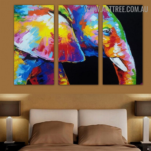 Calico Tusker Animal Palette Knife Handmade 3 Piece Multi Panel Oil Painting Wall Art Set for Wall Outfit