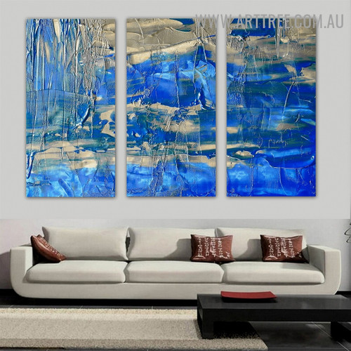 Blue Grey Texture Abstract Modern Handmade 3 Piece Split Canvas Art Set for Room Disposition