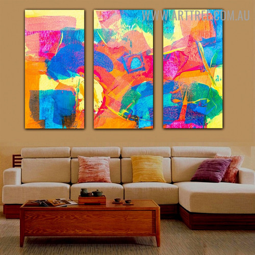 Yellow Blue Abstract Contemporary Texture Artist Handmade 3 Piece Multi Panel Canvas Painting Set for Room Equipment