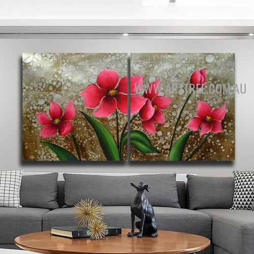 Pink Blossoms Floral Artist Handmade 2 Piece Multi Panel Oil Painting Set For Room Flourish