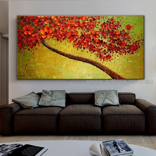 Red Floret Tree Botanical Palette Knife Handmade Artist Modern Acrylic Abstract Flower Painting for Room Wall Garniture