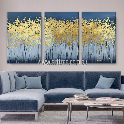 Blond Trees Botanical Modern Abstract Heavy Texture Artist Handmade Stretched 3 Split Panel Canvas Wall Art Painting For Room Décor