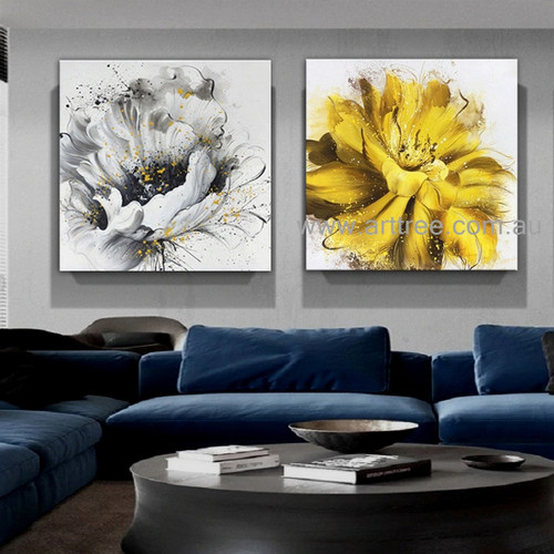 Yellow Black Flowers Heavy Texture Modern Artist Handmade 2 Piece Abstract Painting Floral Wall Art Set For Room Molding