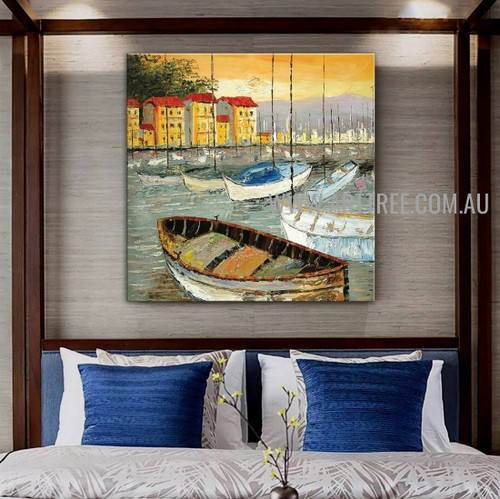 Colorific Boats Seascape Artist Handmade Acrylic Nature Painting On Canvas for Room Wall Finery