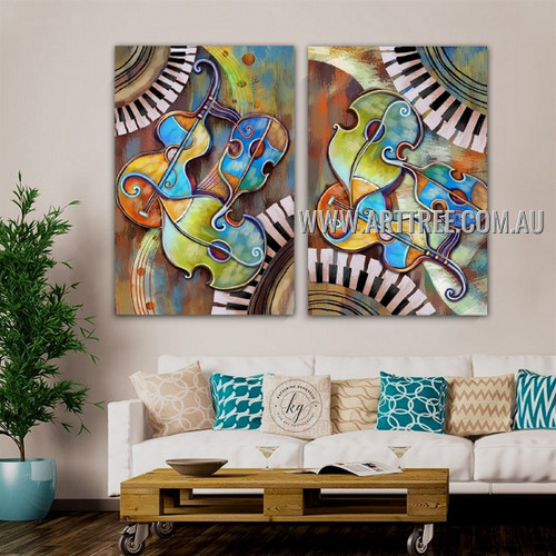 Multicolor Violin Abstract Heavy Texture Artist Handmade 2 Piece Multi Panel Oil Painting Wall Art Set For Room Wall Décor