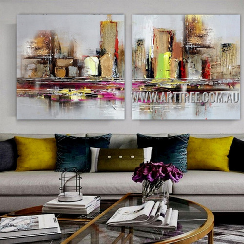 Multicolor Edifices Abstract Cityscape Modern Artist Handmade 2 Piece Multi Panel Wall Art Painting Wall Art Set For Room Wall Decor