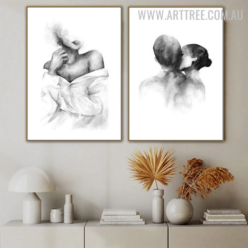 Love Kiss Couple Figure Retro Painting Photo 2 Piece Minimalist Wall Art Canvas Print for Room Garniture