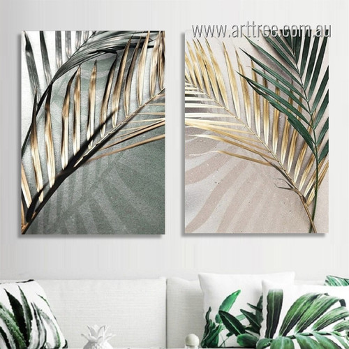 Tropical Leaflets Floral Botanical Abstract Art Vintage Retro Painting Picture Stretched Framed 2 Piece Wall Art Set Canvas Prints For Room Decor