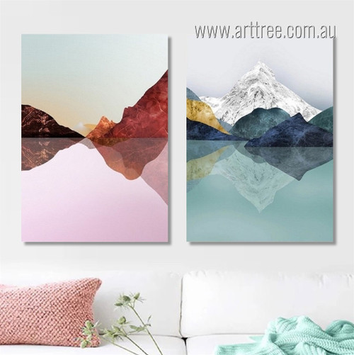 Mountain Reflection Snow Abstract Naturescape Modern Painting Photo Stretched Framed 2 Piece Canvas Wall Art Prints For Wall Tracery