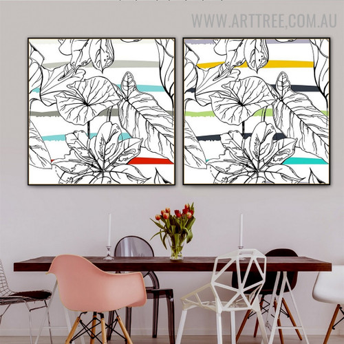 Tropical Leafage Stripes 2 Piece Abstract Floral Contemporary Painting Picture Canvas Print for Room Wall Equipment