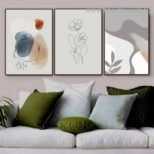 Line Art Flower Spots 3 Piece Abstract Scandinavian Painting Image Floral Canvas Print for Room Wall Finery