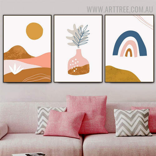 Leafage Pot Sun 3 Piece Scandinavian Abstract Naturescape Artwork Picture Canvas Print for Room Wall Ornament
