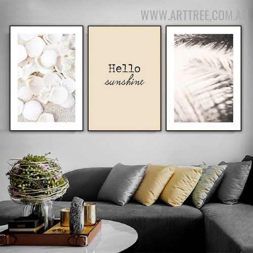 Seashell Sand Leaves 3 Piece Landscape Contemporary Painting Photo Typography Canvas Print for Room Wall Garnish