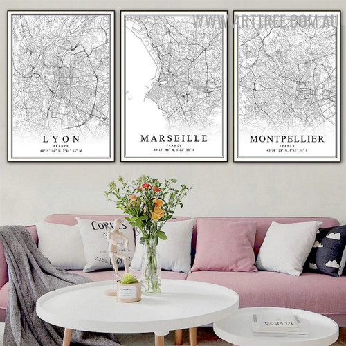 Marseille France Lyon Vintage Artwork Photo 3 Piece Map Canvas Print for Room Wall Illumination