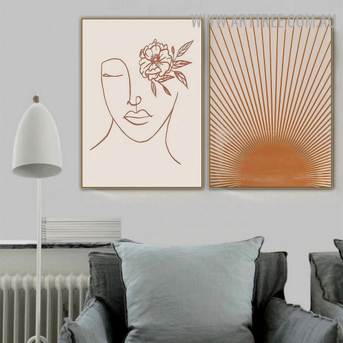 Sun Rays Woman Scandinavian Naturescape Modern Painting Pic Canvas 2 Piece Abstract Art Print for Room Wall Illumination