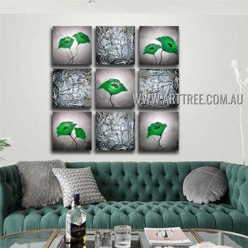 Green Flowers Floral Vintage Handmade Artist Heavy Texture 9 Piece Split Oil Paintings Wall Art Set For Room Finery