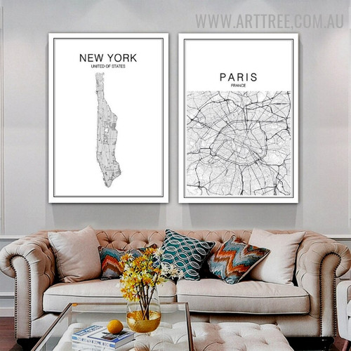 United Of States Paris Abstract Map Modern Painting Image 2 Panel Typography Canvas Print for Room Wall Garnish