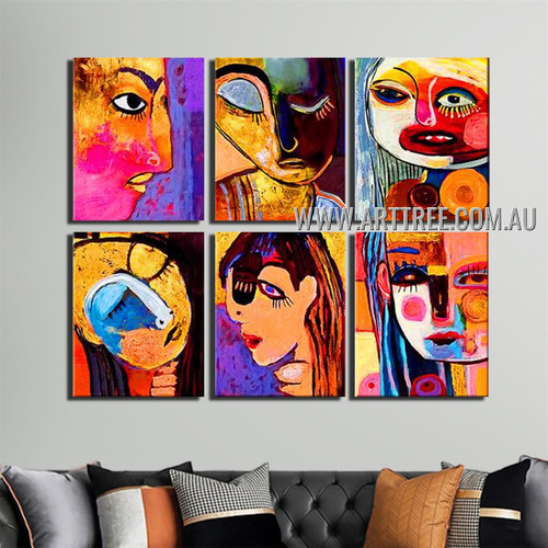 Colorific Girls Abstract Modern Handmade Artist Heavy Texture 6 Piece Multi Panel Canvas Painting Wall Art Set For Room Onlay