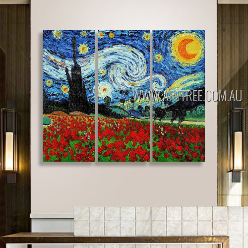 Starry Night Landscape Reproduction Artist Handmade 3 Piece Split Canvas Paintings Wall Art Set For Room Equipment