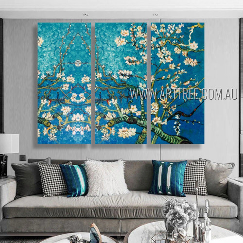 Almond Blossoms Floral Reproduction Heavy Texture Artist Handmade 3 Piece Multi Panel Oil Paintings Wall Art Set For Room Ornament