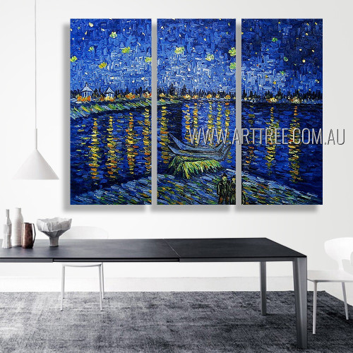 Starry Night Over The Rhone Landscape Reproduction Handmade Heavy Texture 3 Piece Multi Panel Canvas Painting For Room Molding