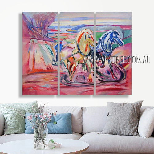 Motley Horses Abstract Animal Modern Handmade Artist 3 Piece Multi Panel Wall Painting For Room Finery