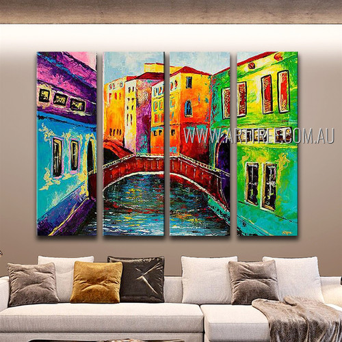 Colorific Buildings Abstract Modern Handmade Artist 4 Piece Multi Panel Wall Art Paintings Set For Room Garniture